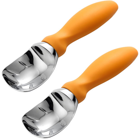 Picture of Spring Chef Metal Ice Cream Scoop with Soft Grip Handle, Heavy Duty Sturdy Ice Cream Scooper, Dishwasher Safe Ice Cream Spoon for Frozen Yoghurt, Gelato, Sorbet, Sundae, Melon - Set of 2 - Mango