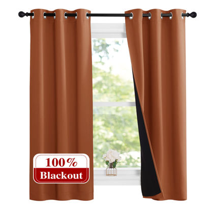 Picture of NICETOWN Burnt Orange 100% Blackout Lined Curtains, 2 Thick Layers Narrow Wide Window Treatment Panels Thermal Insulated Drapes for Kitchen Small Window (1 Pair, 37" Width x 63" Length Each Panel)