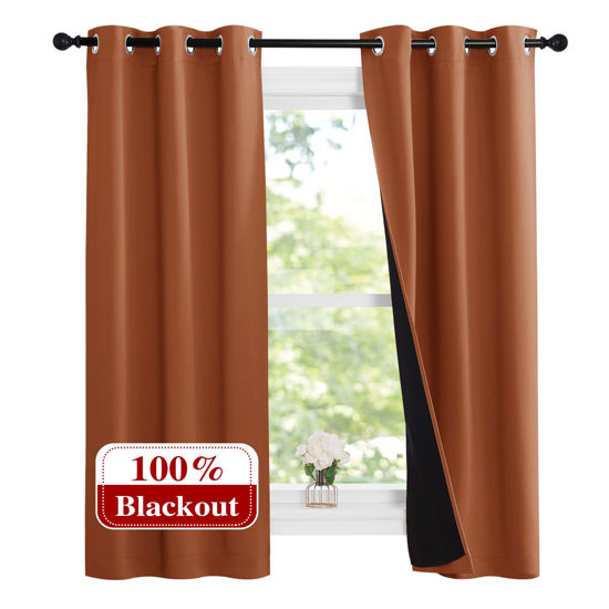 Picture of NICETOWN Burnt Orange 100% Blackout Lined Curtains, 2 Thick Layers Narrow Wide Window Treatment Panels Thermal Insulated Drapes for Kitchen Small Window (1 Pair, 37" Width x 63" Length Each Panel)