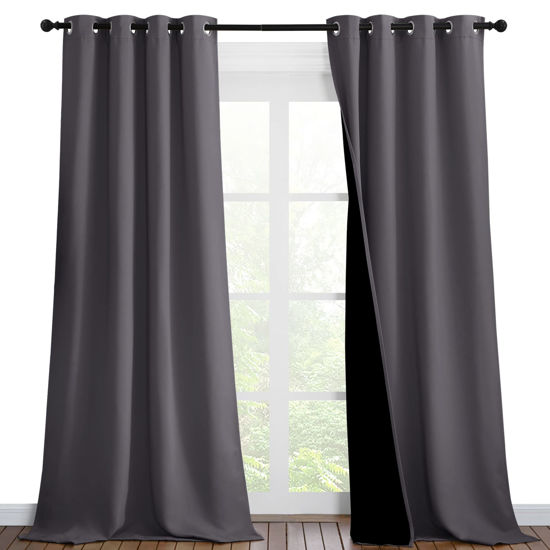 Picture of NICETOWN 100% Blackout Blinds, Set of 2, 46" x 102", Laundry Room Decor Window Treatment Curtains for Large Patio Sliding Door, Thermal Insulated Grey Curtains for Bedroom