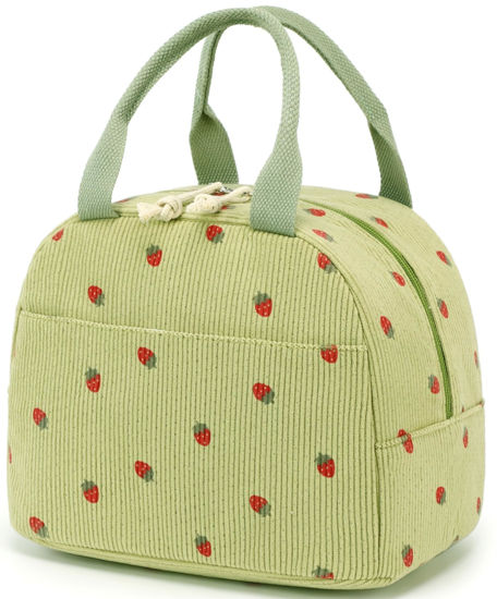 Picture of Bluboon Lunch Bag for Women Men Cute Corduroy Lunch Tote Bags Reusable Insulated Lunch Box Large Capacity Reusable Insulated Cooler for Work Picnic or Travel (Corduroy Strawberry Green)