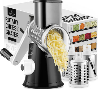 Picture of Zulay Rotary Cheese Grater 3 Blade Cheese Shredder - Manual Hand Crank Cheese Grater With Reinforced Suction & 3 Interchangeable Drums - Easy to Use Vegetable Chopper - Ivory Onyx