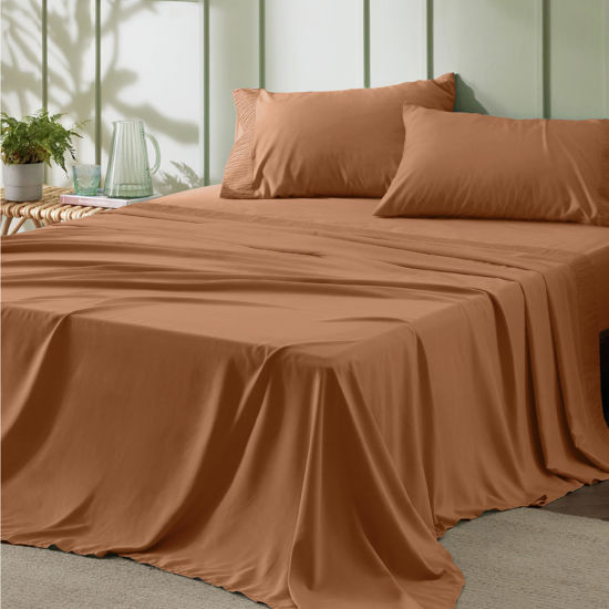 Picture of Bedsure Queen Sheet Set - 4 Pieces Soft Queen Size Sheets - Breathable & Cooling - Hotel Luxury - Easy Care Polyester Microfiber Bedding for Women, Men, Terracotta