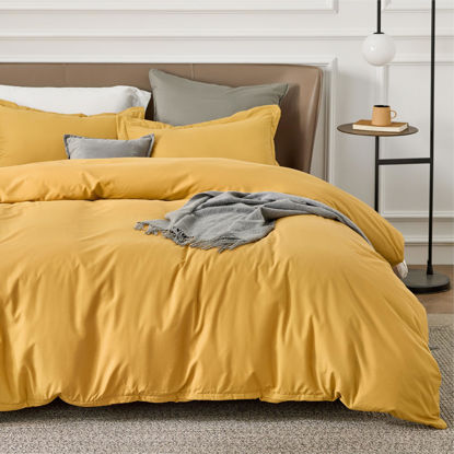 Picture of Bedsure Duvet Cover Queen Size - Soft Double Brushed Bedding Set for Kids & Adults, Zipper Closure, 3 Pieces, Includes 1 Duvet Cover (90"x90") & 2 Pillow Shams, NO Comforter, Golden Yellow