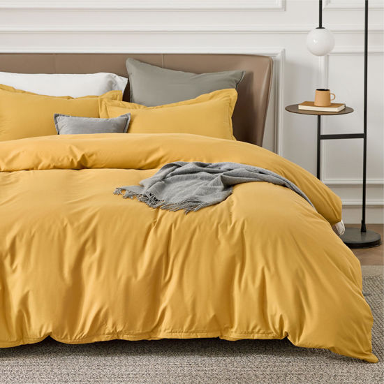 Picture of Bedsure Duvet Cover Queen Size - Soft Double Brushed Bedding Set for Kids & Adults, Zipper Closure, 3 Pieces, Includes 1 Duvet Cover (90"x90") & 2 Pillow Shams, NO Comforter, Golden Yellow