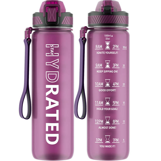 Picture of QLUR Water Bottle with Straw, 32oz Motivational Water Bottles with Time Marker to Drink, Tritan BPA Free, 1L Sports Water Bottle with Carry Strap LeakProof for Women Gym Fitness Outdoor (1 Pack)