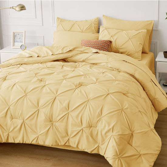 Picture of Bedsure Twin Comforter Set with Sheets - 5 Pieces Twin Bedding Sets, Pinch Pleat Yellow Twin Bed in a Bag with Comforter, Sheets, Pillowcase & Sham