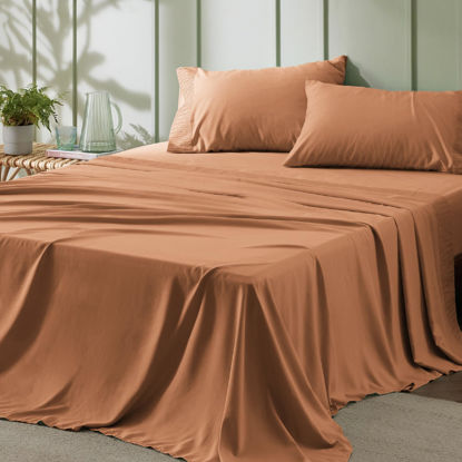Picture of Bedsure Queen Sheet Set - 4 Pieces Soft Queen Size Sheets - Breathable & Cooling - Hotel Luxury - Easy Care Polyester Microfiber Bedding for Women, Men, Dusty Orange