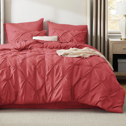 Picture of Bedsure Queen Comforter Set Coral Red - Bed in a Bag Queen Size 7 Pieces, GentleSoft™ Pintuck Bed Set Gift for Family, Pinch Pleat Coral Red Comforter with Sheets, Pillowcases & Shams
