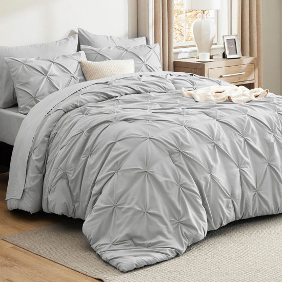 Picture of Bedsure Queen Comforter Set Light Grey - Bed in a Bag Queen Size 7 Pieces, GentleSoft™ Pintuck Bed Set Gift for Family, Pinch Pleat Light Grey Comforter with Sheets, Pillowcases & Shams
