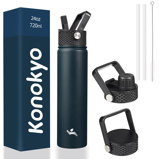 Picture of Konokyo Insulated Water Bottle 24oz Stainless Steel Sport Bottles with 3 Lids,Navy Blue