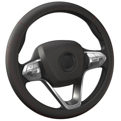Picture of HOTOR Car Steering Wheel Cover - Universal Car Accessory for Diverse Cars, Durable Leather Cover with Anti-Slip Lining, for Steering Wheel with a Diameter of 14.5"-15", Black with Red line