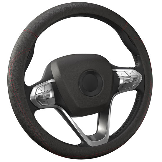 Picture of HOTOR Car Steering Wheel Cover - Universal Car Accessory for Diverse Cars, Durable Leather Cover with Anti-Slip Lining, for Steering Wheel with a Diameter of 14.5"-15", Black with Red line