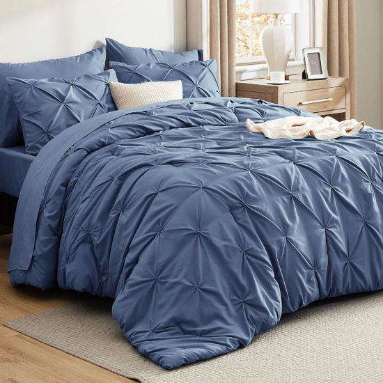 Picture of Bedsure Queen Comforter Set Slate Blue - Bed in a Bag Queen Size 7 Pieces, GentleSoft™ Pintuck Bed Set Gift for Family, Pinch Pleat Slate Blue Comforter with Sheets, Pillowcases & Shams