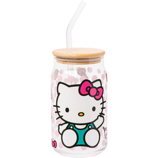 Picture of Silver Buffalo Sanrio Hello Kitty Strawberry Milk Bow Pink Polka Dot Glass Jar Tumbler with Bamboo Lid and Glass Straw, 16 Ounces