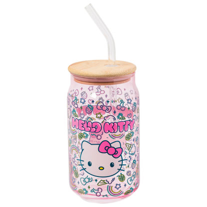 Picture of Silver Buffalo Sanrio Hello Kitty Neon Fruits Rainbows and Hearts Pattern Glass Tumbler with Bamboo Lid and Glass Straw, 16 Ounces