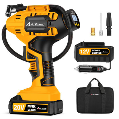 Picture of Avid Power Tire Inflator Air Compressor, 20V Cordless Car Tire Pump with Rechargeable Li-ion Battery, 12V Car Power Adapter, Digital Pressure Gauge, Battery Powered Tire Inflator Car Air Pump