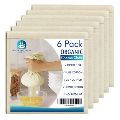 Picture of 6 PCS Reusable Cheesecloth, Grade 100, 20x20 Inch Hemmed Cheese Cloth for Straining Craft, 100% Cotton Unbleached Cloth Strainer for Cooking, Baking, Juicing, Cheese Making (40×50 Threads)