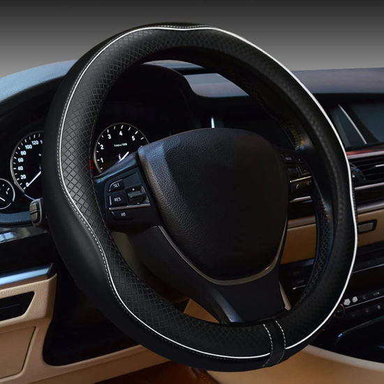 Picture of Car Steering Wheel Cover, Anti-Slip, Safety, Soft, Breathable, Heavy Duty, Thick, Full Surround, Sports Style (Black with White Line)