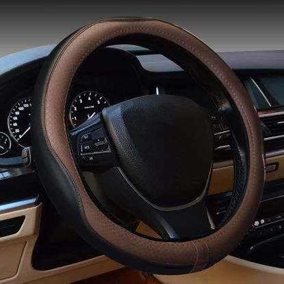 Picture of Gomass Car Steering Wheel Cover, Anti-Slip, Safety, Soft, Breathable, Heavy Duty, Thick, Full Surround, Sports Style (Black Brown)