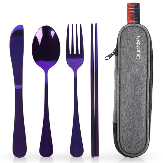 Picture of Travel Utensils with Case, Quatish Portable Silverware Set for Work, Stainless Steel Reusable Travel Cutlery Set, Fork and Spoon Set for Camping, EDC Gadgets, Lunch Box for Men, Purple