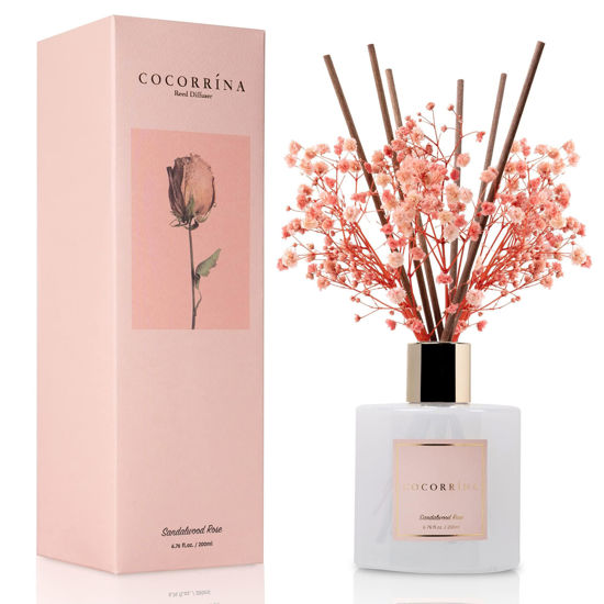 Picture of Cocorrína Premium Reed Diffuser Set with Preserved Baby's Breath & Cotton Stick Sandalwood Rose | 6.7oz Scent Fragrance Oil Diffuser for Bedroom Bathroom Home Décor