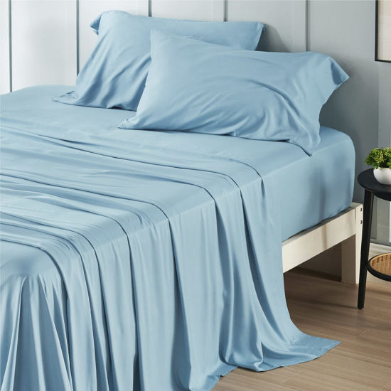 Picture of Bedsure California King Sheet Set, Cooling Sheets, Rayon Derived from Bamboo, Breathable & Soft Deep Pocket Up to 16 Inches, Hotel Luxury Silky Bedding, Bedsheet & Pillowcases, Teal Blue