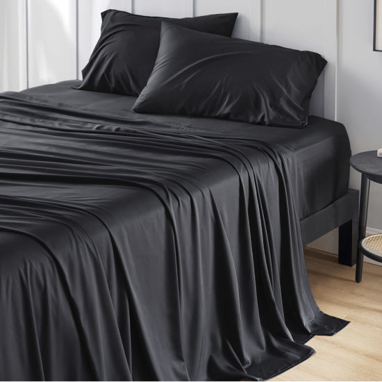Picture of Bedsure California King Sheet Set, Cooling Sheets for Hot Sleepers, Rayon Derived from Bamboo, Breathable & Soft Deep Pocket Up to 16 Inches, Hotel Luxury Silky Bedding, Bedsheet & Pillowcases, Black