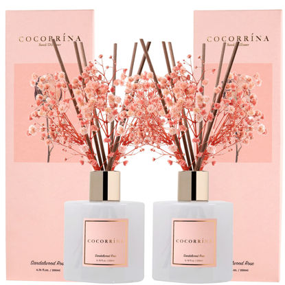 Picture of Cocorrína Premium Reed Diffuser Set with Preserved Baby's Breath & Cotton Stick Sandalwood Rose 2 Packs, 6.7oz Scent Fragrance Oil Diffuser for Bedroom Bathroom Home Décor
