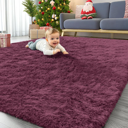 Picture of OLANLY 5x8 Machine Washable Large Area Rugs for Living Room, Bedroom, Soft Fluffy Shaggy Bedside Rug, Indoor Floor Carpet for Kids Girls and Boys, Dorms, Nursery, Home Decor Aesthetic, Burgundy