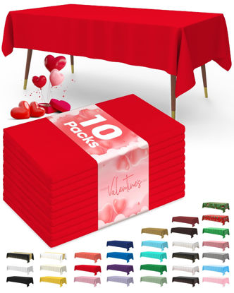 Picture of Pureegg Plastic Table Cloth Disposable 10 Pack, 54 x 108 Inch Table Cloths, Valentines Day Decorations, Decorative Tablecloths for Rectangle Tables, Red Plastic Table Cover, Leakproof & Sturdy, Red