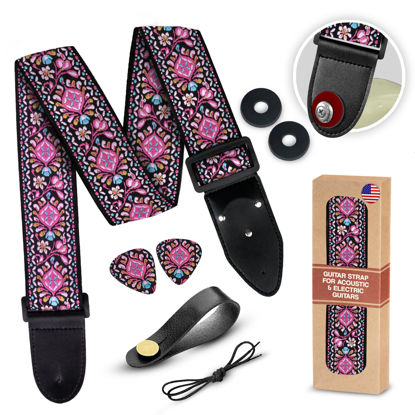 Picture of Guitar Strap for Acoustic Guitar Electric Guitar and Bass Guitar, Christmas Gift & Stocking Stuffer Adjustable Guitar Strap W/ FREE BONUS 2 Picks + Strap Locks + Strap Button. Gift for Guitar players
