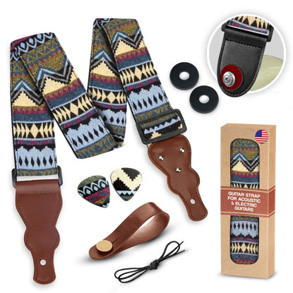 Picture of Guitar Strap For Acoustic Guitar , Electric Guitar and Bass Guitar, Adjustable Multi Color Woven Guitar Strap W/ FREE BONUS 2 Picks + Strap Locks + Strap Button. Gift Set For Men & Women Guitarist