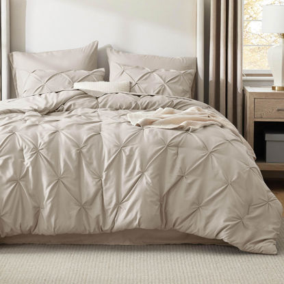 Picture of Bedsure Full Comforter Set Beige - Bed in a Bag Full Size 7 Pieces, GentleSoft™ Pintuck Bed Set Gift for Family, Pinch Pleat Beige Comforter with Sheets, Pillowcases & Shams