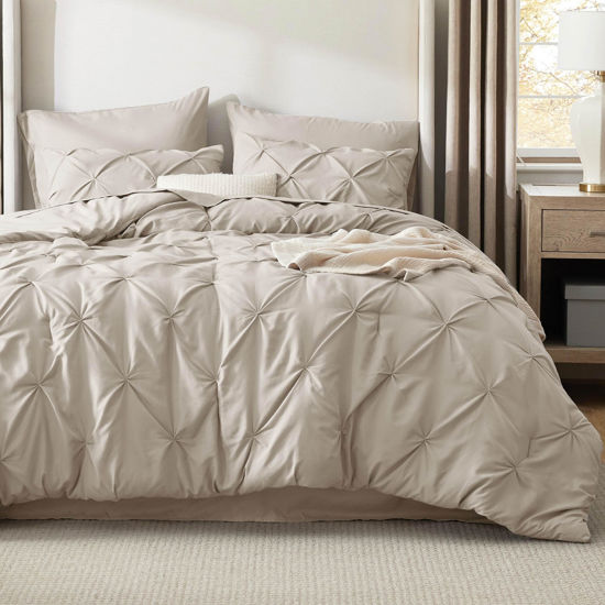 Picture of Bedsure Full Comforter Set Beige - Bed in a Bag Full Size 7 Pieces, GentleSoft™ Pintuck Bed Set Gift for Family, Pinch Pleat Beige Comforter with Sheets, Pillowcases & Shams