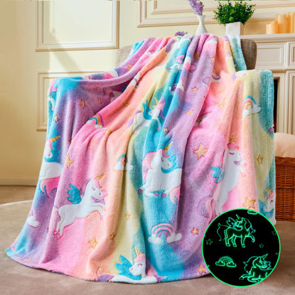 Picture of Joiedomi Glow in The Dark Blanket - Unicorns Gifts for Girls Age 2 3 4 5 6 7 8 9 10 11 12 Year Old - Soft Cozy Flannel Kids Throw Blanket - Birthday Bedroom Decor 50"×60"