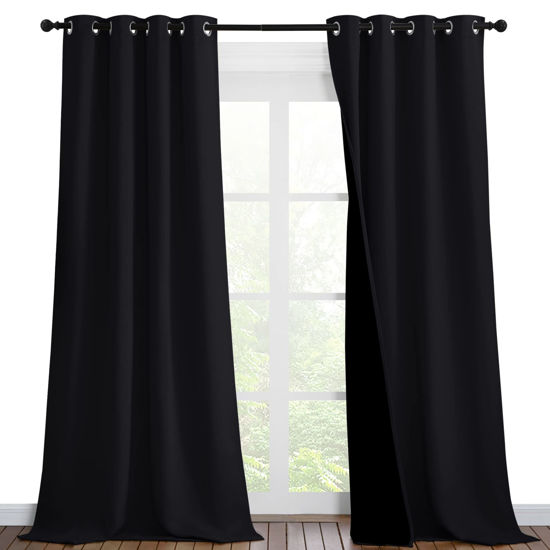 Picture of NICETOWN Extra Long Truly Blackout Drapes for Hall and Villa, 46-inch Width Each Panel, 96-inch Length, Black, 2 Pieces, 100% Blackout Window Curtain Panels with Black Lined for Night Shift Worker