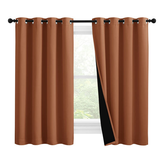 Picture of NICETOWN 100% Blackout Curtains 57 inches Long, Double-Deck Completely Blackout Window Treatment Thermal Insulated Lined Drapes for Small Window (Burnt Orange, 1 Pair, 55 inches Width Each Panel)