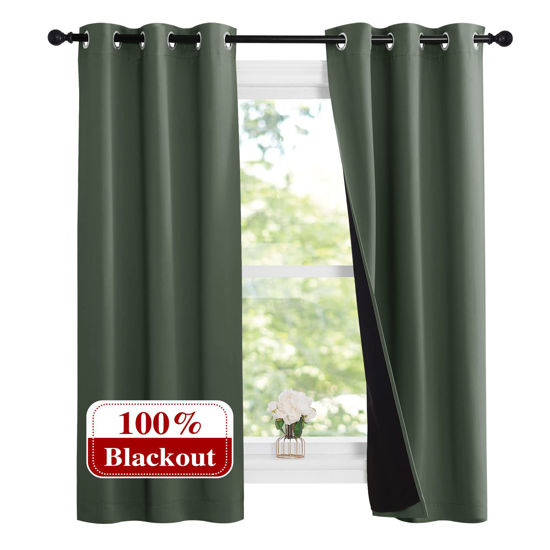 Picture of NICETOWN Dark Mallard 100% Blackout Lined Curtains, 2 Thick Layers Narrow Wide Window Treatment Panels Thermal Insulated Drapes for Kitchen Small Window (1 Pair, 37" Width x 63" Length Each Panel)