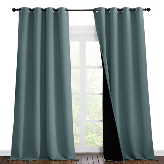 Picture of NICETOWN Full Shading Curtains for Windows, Super Heavy-Duty Black Lined Blackout Curtains for Bedroom, Privacy Assured Window Treatment (Greyish Blue, Pack of 2, 55 inches W x 102 inches L)