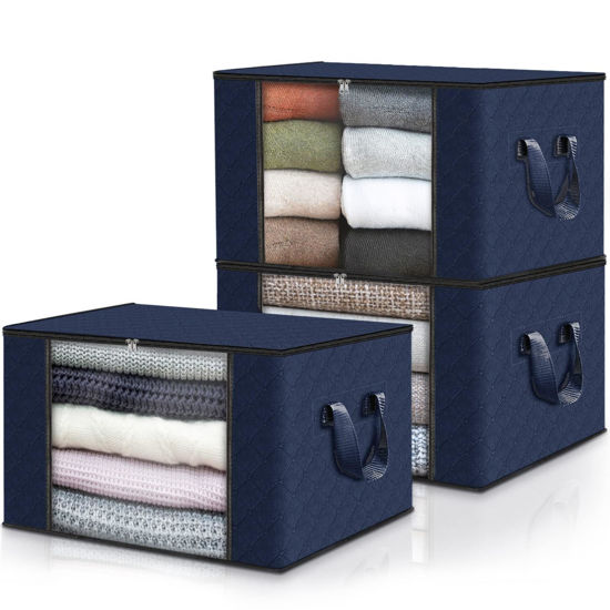 Picture of Fab totes 3 Pack Clothes Storage, Foldable Thick Fabric Blanket Storage Bags, Storage Containers for Organizing Bedroom, Closet, Clothing, Comforter, Organization and Storage with Handle,Blue