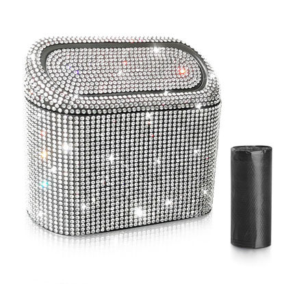 Picture of Accmor Bling Car Trash Can with 30pcs Garbage Bags, Vehicle Trash Bin with Lid Auto Dustbin Organizer Garbage Storage, Sparkling Crystal Mini Trash Container Holder