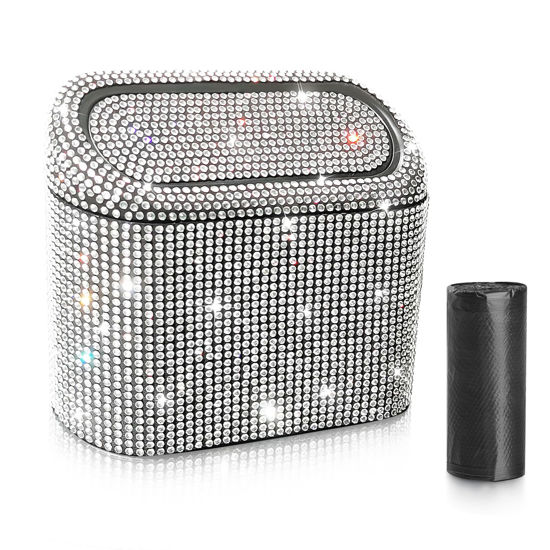 Picture of Accmor Bling Car Trash Can with 30pcs Garbage Bags, Vehicle Trash Bin with Lid Auto Dustbin Organizer Garbage Storage, Sparkling Crystal Mini Trash Container Holder