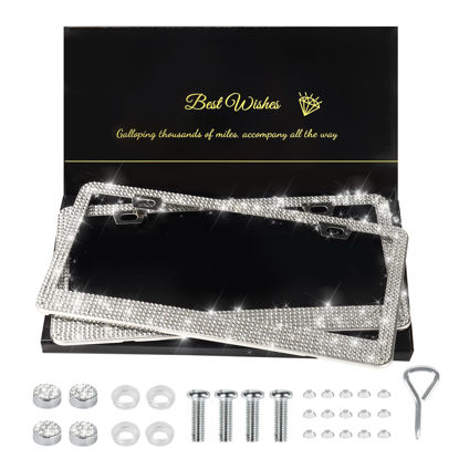 Picture of QUANQIUFEI 2 Pack Bling License Plate Frames for Women, Sparkly Rhinestone Diamond Car Accessories with Glitter Crystal Caps (White)