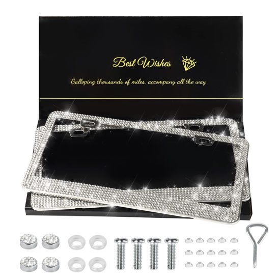 Picture of QUANQIUFEI 2 Pack Bling License Plate Frames for Women, Sparkly Rhinestone Diamond Car Accessories with Glitter Crystal Caps (White)