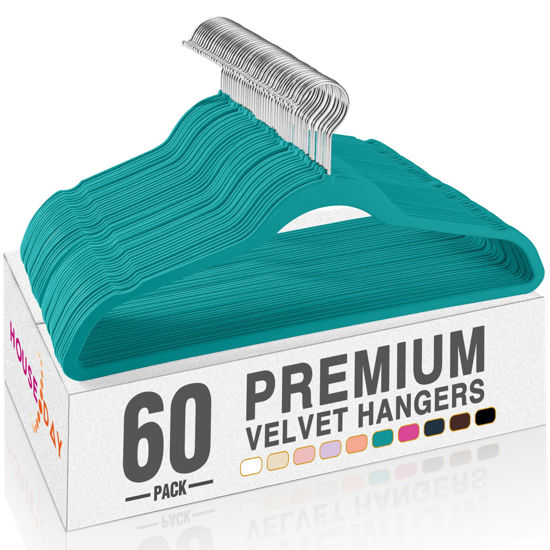 Picture of HOUSE DAY Mint Green Velvet Hangers 60 Pack, Non Slip Clothes Felt Hanger Heavy Duty for Coat, Premium Slim Space Saving Suit Hangers for Closet Organizer, 360° Rotating Silver Hook
