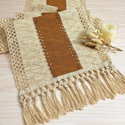 Picture of FEXIA Boho Table Runner 48 Inches Long Macrame Table Runner Farmhouse Style Table Runner with Tassels for Party Bohemian Rustic Wedding Bridal Shower Dining Decor Middle Brown (12x48 Inches)