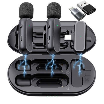 Picture of 2 Pack Professional Wireless Lavalier Microphone for Android, iPhone iPad with Adapter Included Noise Reduction Plug-Play Clip on Lapel Mic for YouTube, Recording, Vlog, Facebook Live Streaming