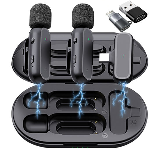 Picture of 2 Pack Professional Wireless Lavalier Microphone for Android, iPhone iPad with Adapter Included Noise Reduction Plug-Play Clip on Lapel Mic for YouTube, Recording, Vlog, Facebook Live Streaming