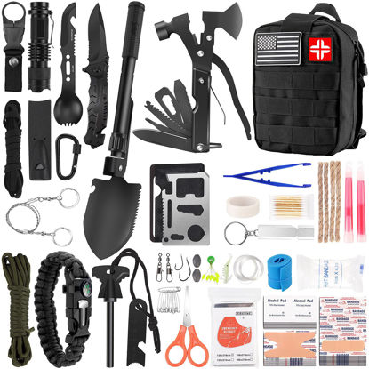 Picture of Survival Kit and First Aid Kit, 142Pcs Professional Survival Gear and Equipment with Molle Pouch, for Men Dad Husband Who Likes Camping Outdoor Adventure (Black)